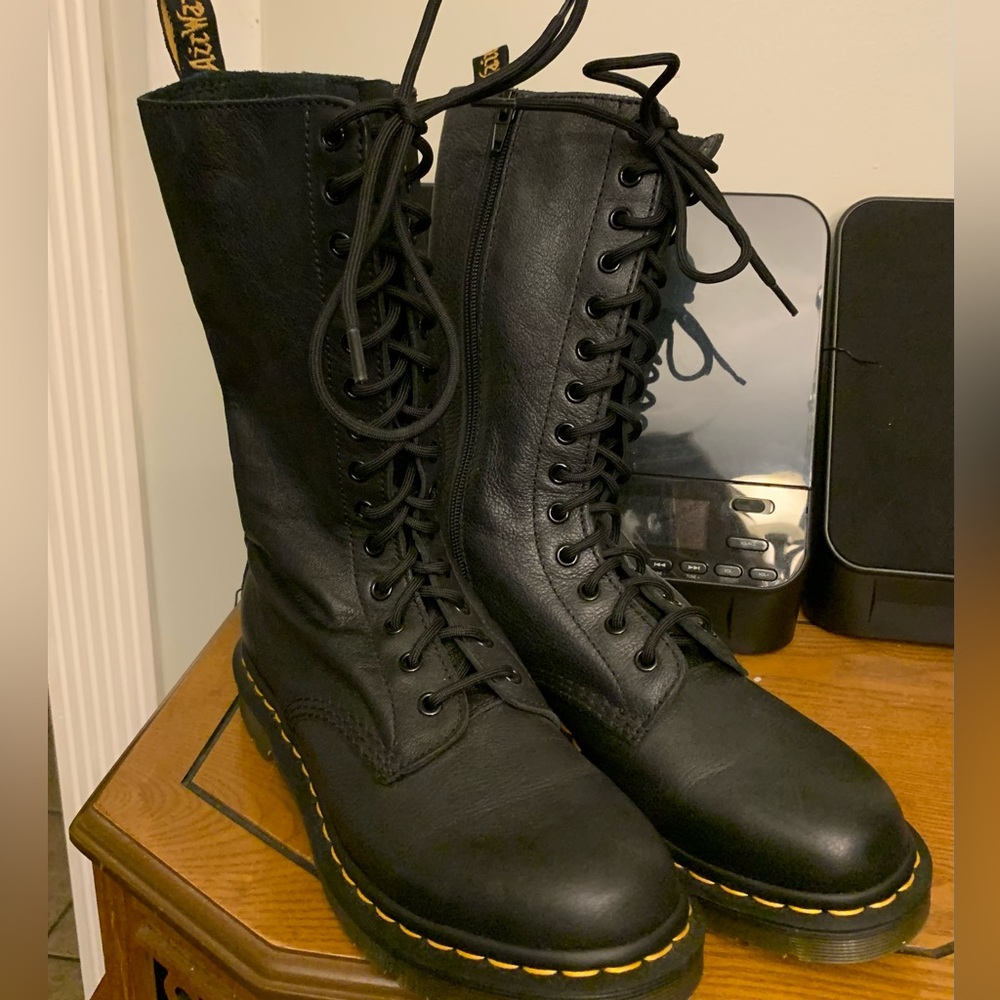 Dr. Martens Black Leather Lace-Up Combat Boots with Yellow Stitching